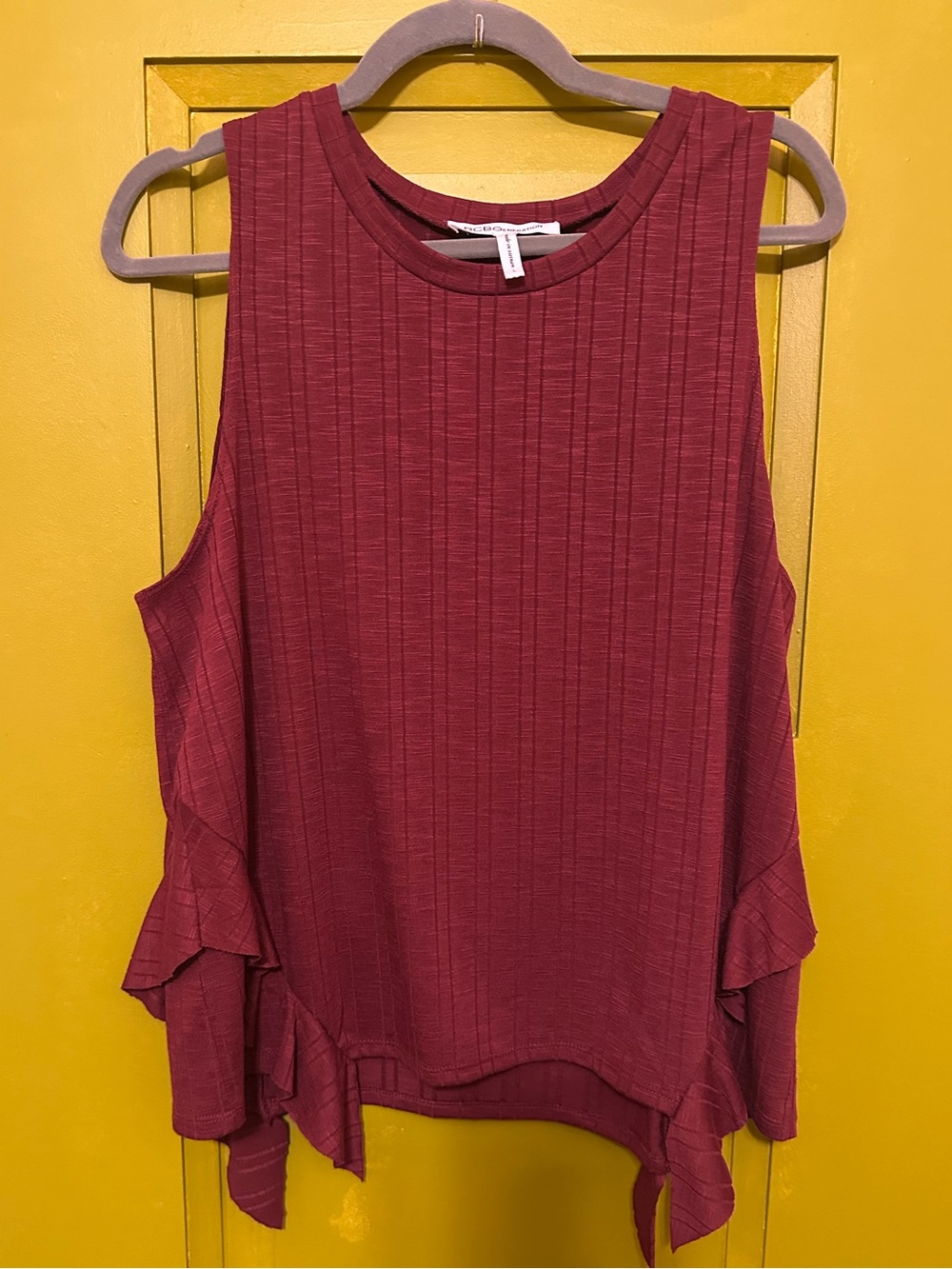 BCBGeneration Ribbed Sleeveless Tank Top in Burgundy with Ruffle Hem